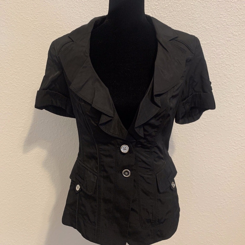 Short Sleeve Black Ruffled White House Black Market Dress Jacket Women's 2 - Picture 1 of 10
